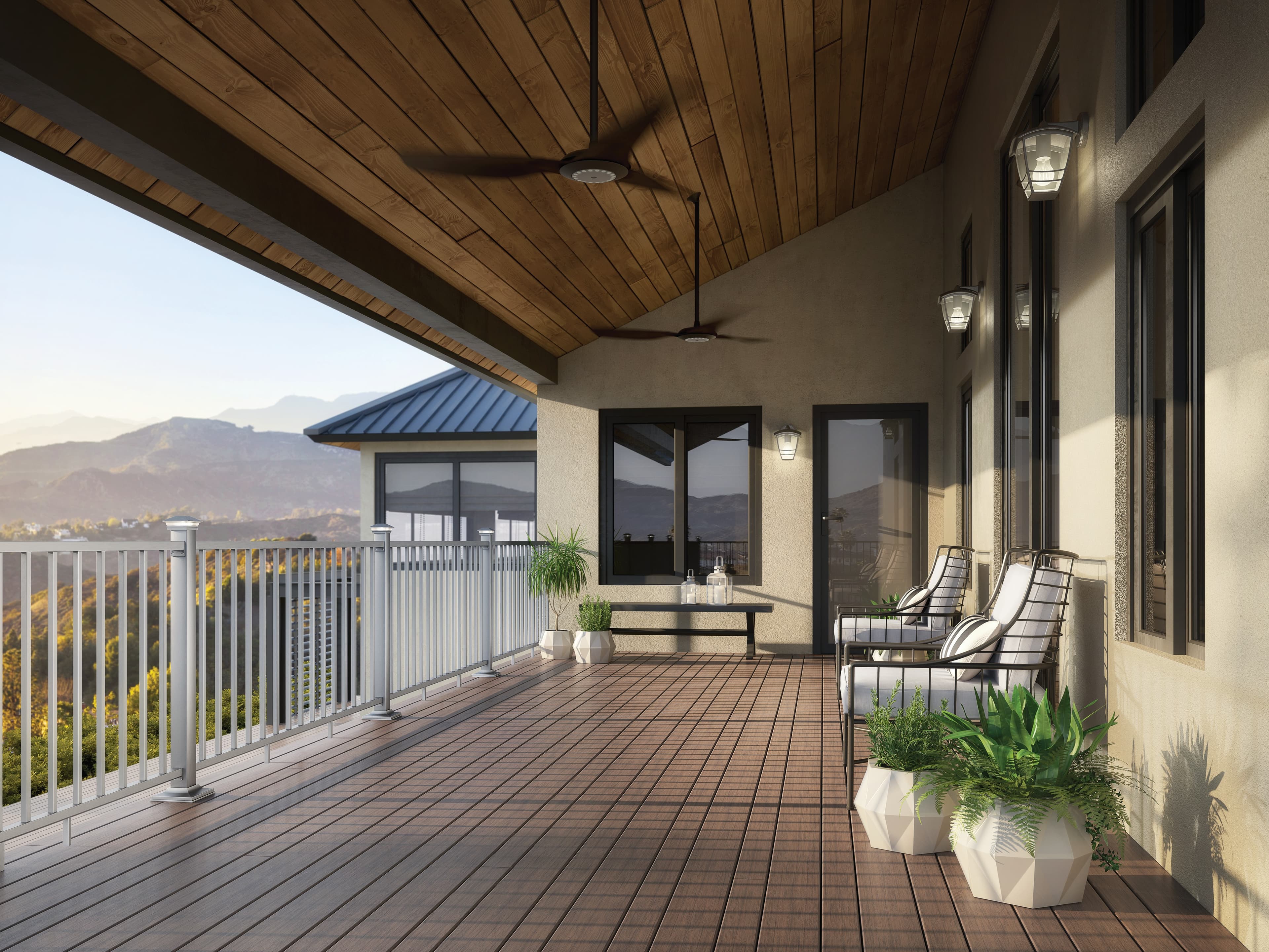 Deckorators Vista Ironwood in 6 and 4 inch boards with ALX Contemporary railing