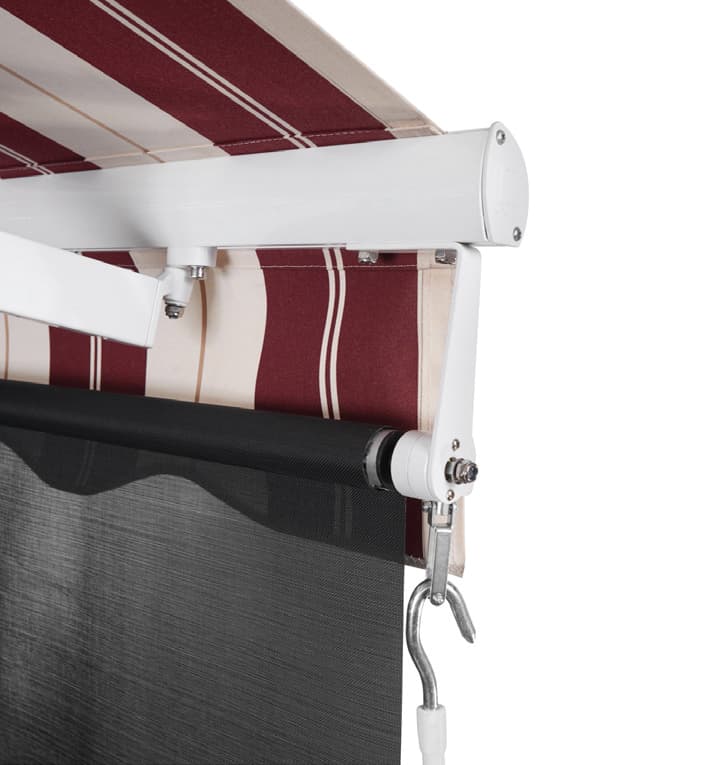 SunPro awning multi-use front bar with a drop-down front shade screen extended