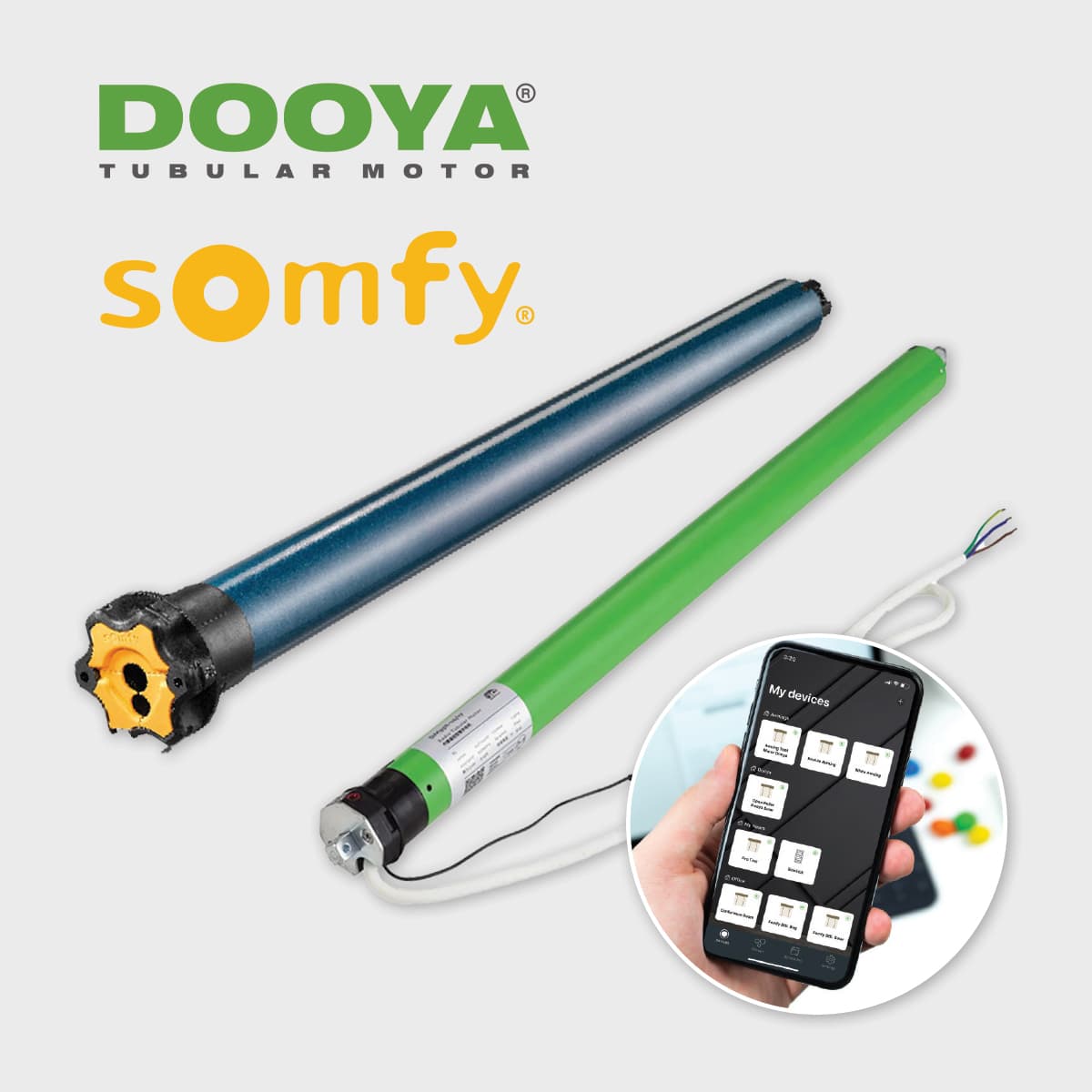 Somfy and Dooya tubular screen motors shown with a smart-home control app