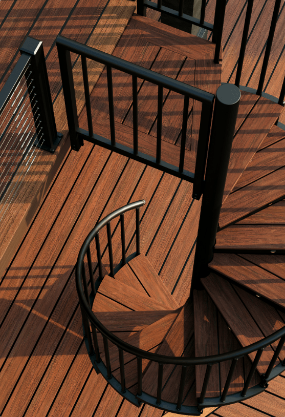 Trex Spiral Stairs Summit with a black frame and rich Spiced Rum composite treads