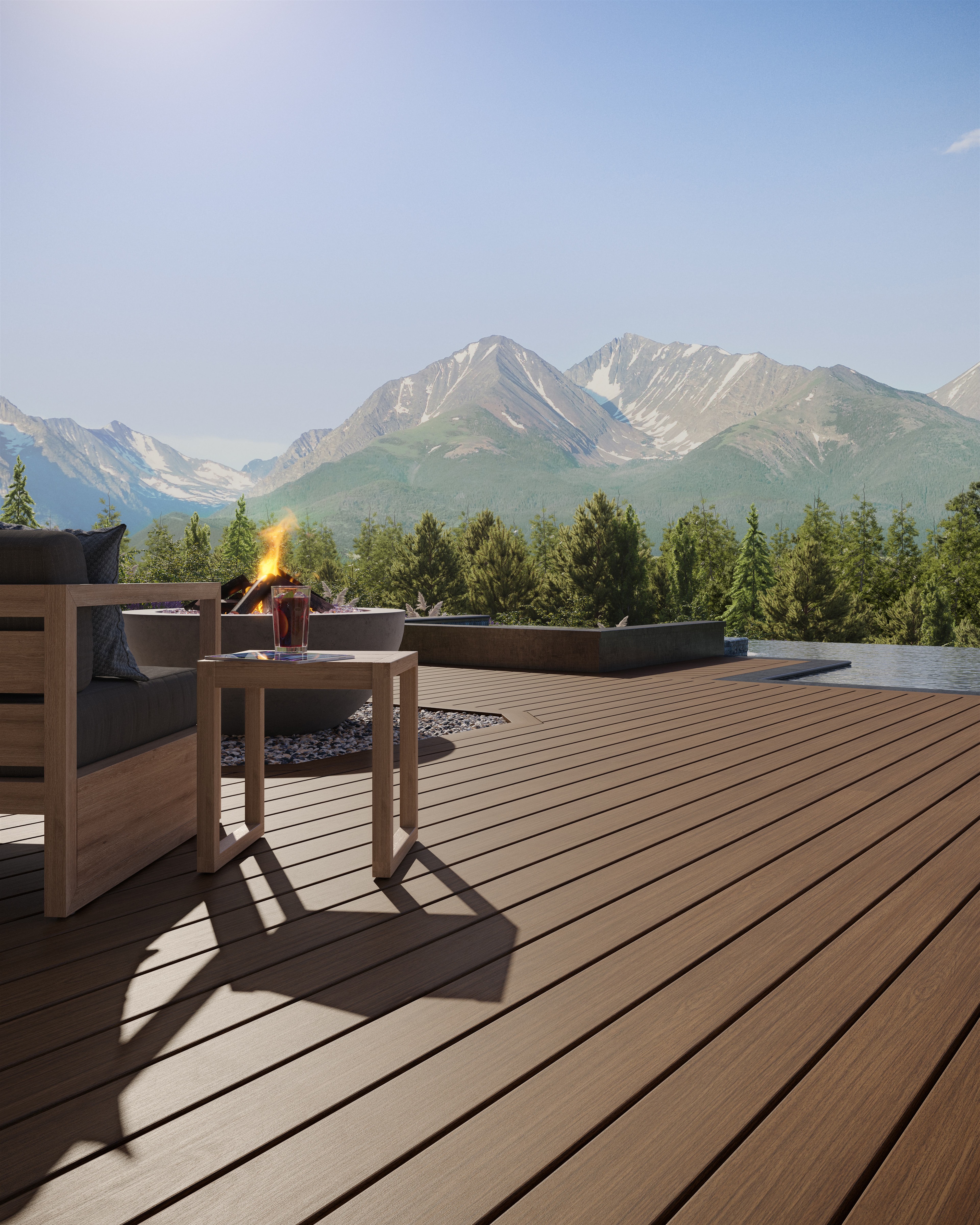 Trex Signature decking with mountain views and outdoor furniture